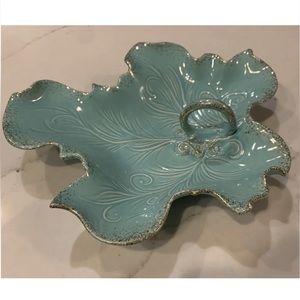 Vintage 1950s California Original 716 USA Aqua And Gold Leaf Candy Nut Dish